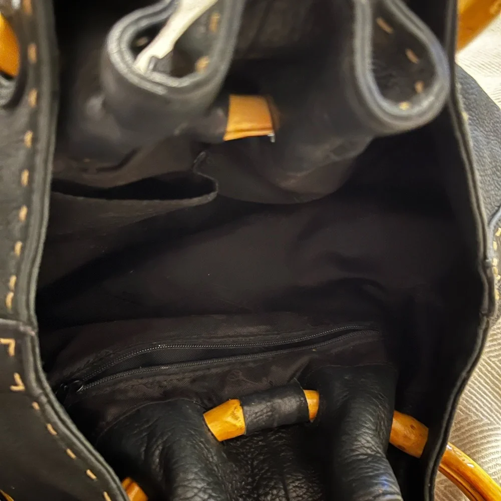 Black Leather Tote with Bamboo Handles - Elegant Women's Bag